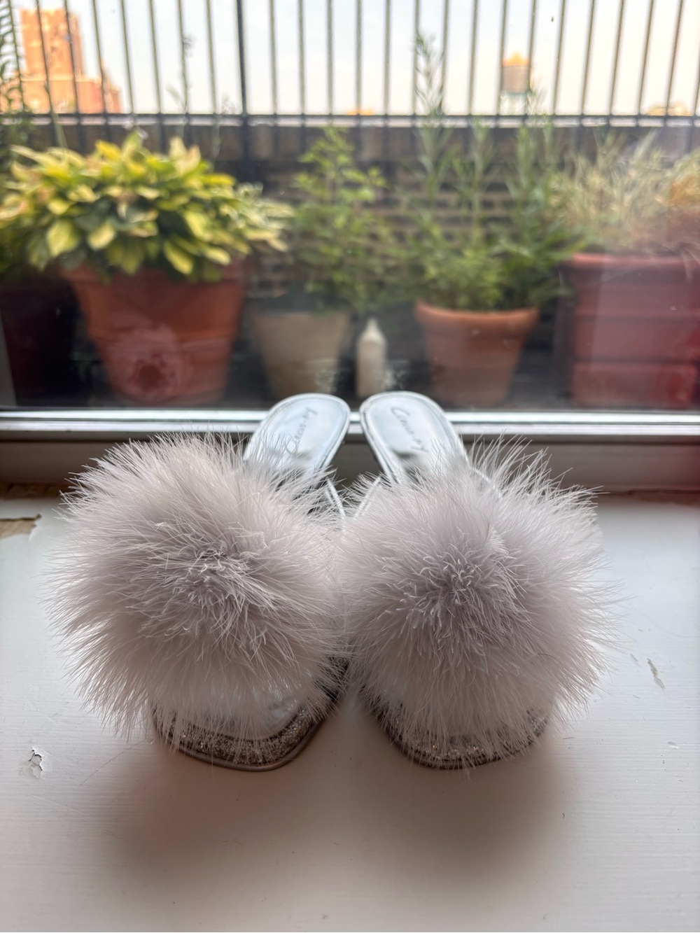 Sam Edelman Silver Mules with Light Gray Feather Poms